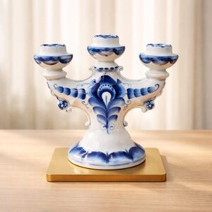 Vintage GZHEL Russian Candelabra Candle Holder White & Blue Porcelain Marked 8”